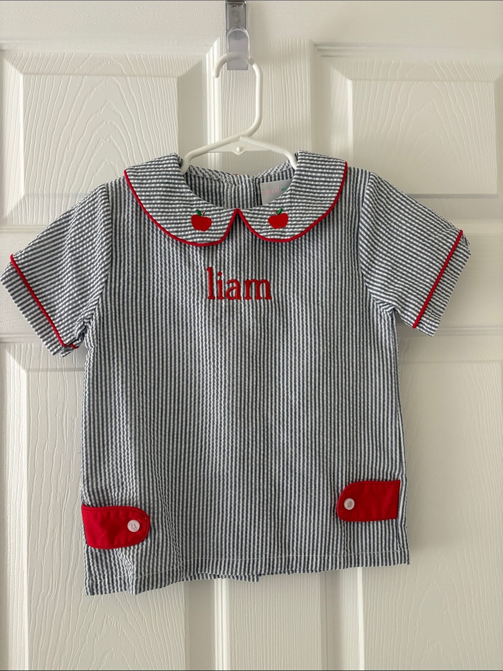 Seersucker Kids' Shirt with Red Trim and Apple Accents